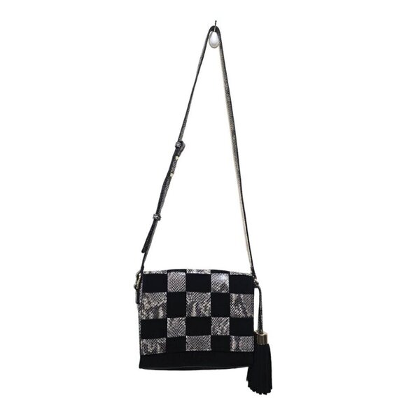 margot Black Suede Leather Snake Print Basket Weave Crossbody Purse - Picture 4 of 10